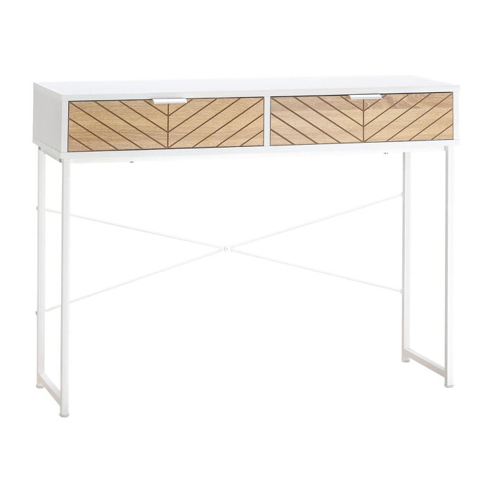 Table console industriel 2 tiroirs aspect bois de chêne sculpté motif à chevrons piètement métal blanc