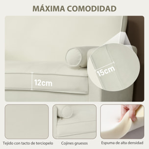 Sofá de 2 Plazas Tapizado en Terciopelo Sofá de Salón de 130 cm con Asiento Capitoné 2 Almohadas y Patas de Madera para Espacios Pequeños Dormitorio Sala de Estar Oficina Crema