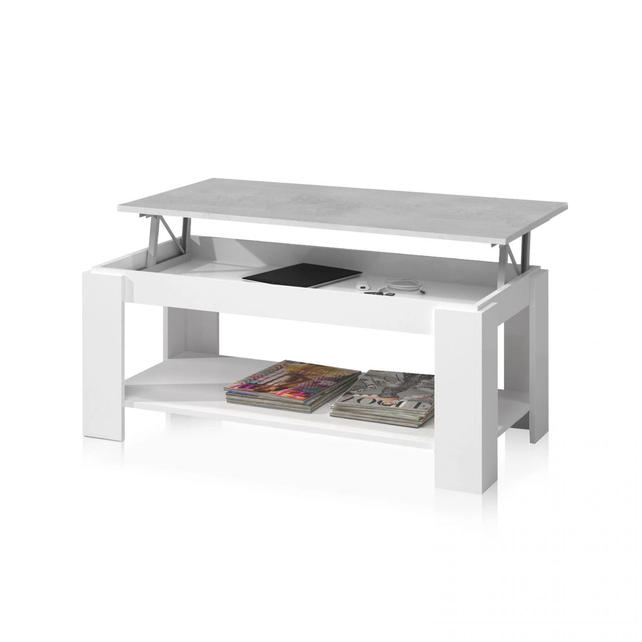 Mesa de centro elevable Ambit Blanco Artik (Blanco Mate) - Gris Cemento