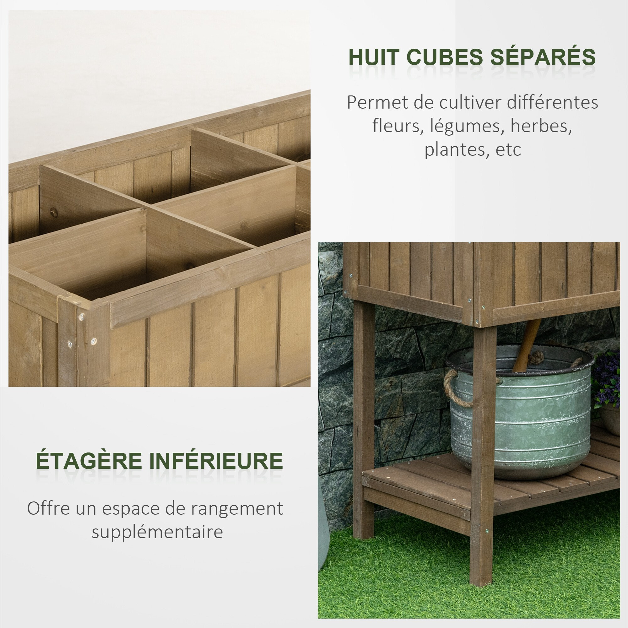 Jardinière sur pieds carré potager avec étagère dim. 110L x 46l x 76H cm 8 compartiments & inserts d'irrigation bois de sapin marron