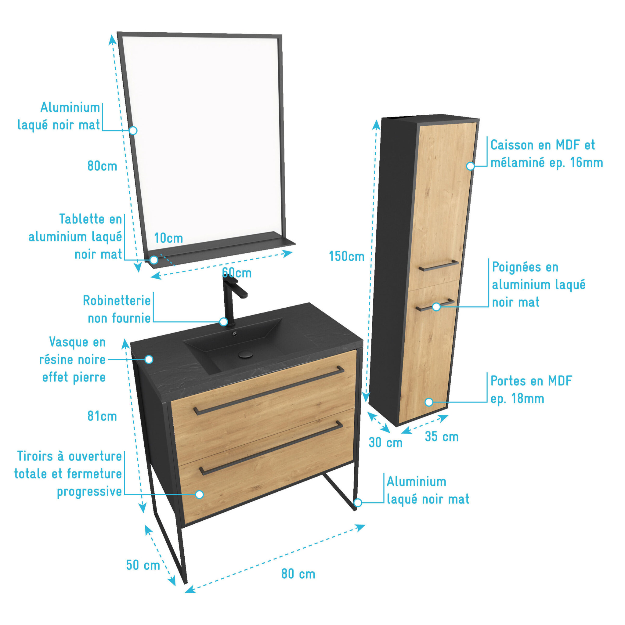 Ensemble Meuble de salle de bain blanc 80cm + vasque noir effet pierre + miroir + colonne rangement