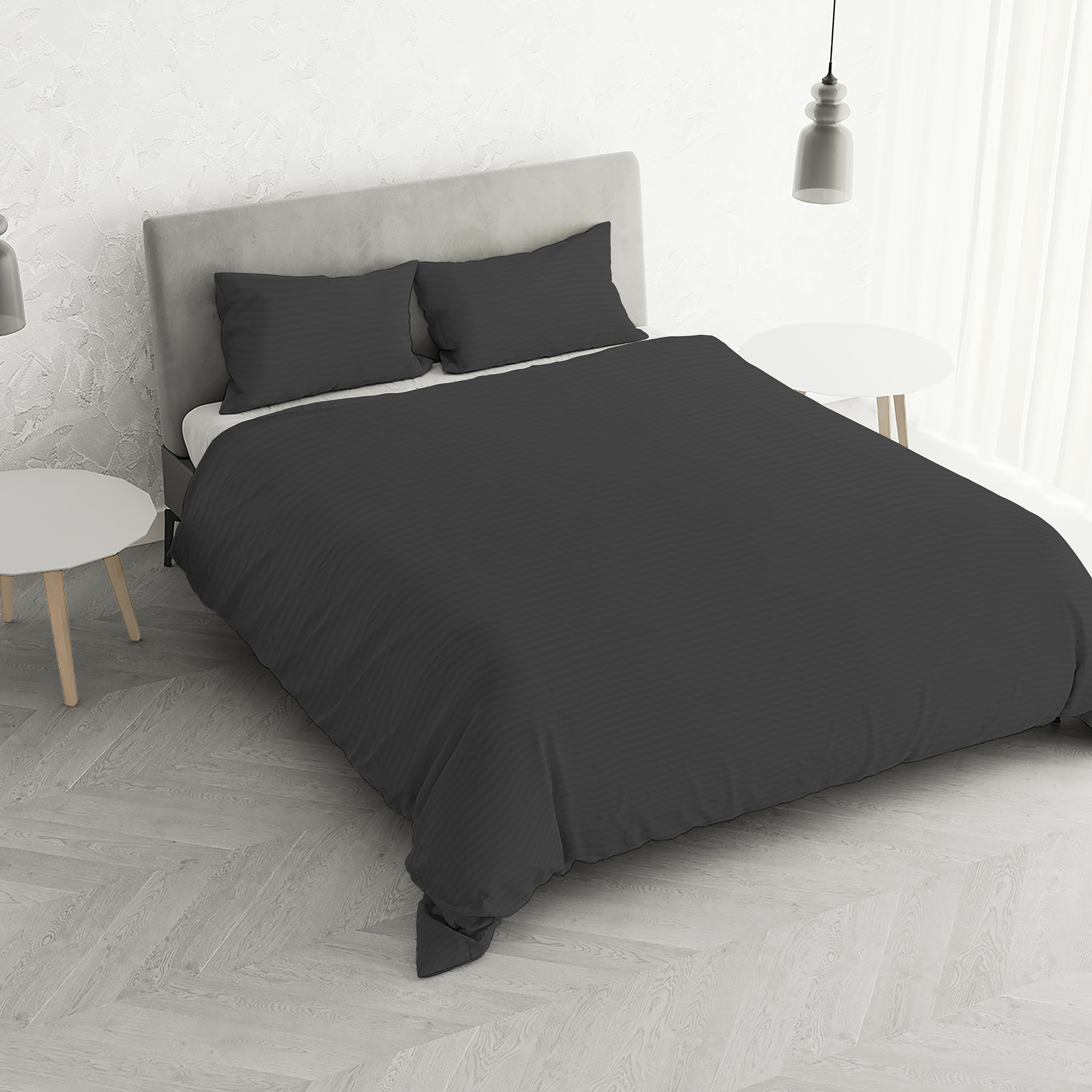 PARURE COPRIPIUMINO SATIN STRIPES, 100% Raso di Poliestere, Made in Italy, No Stiro - NERO