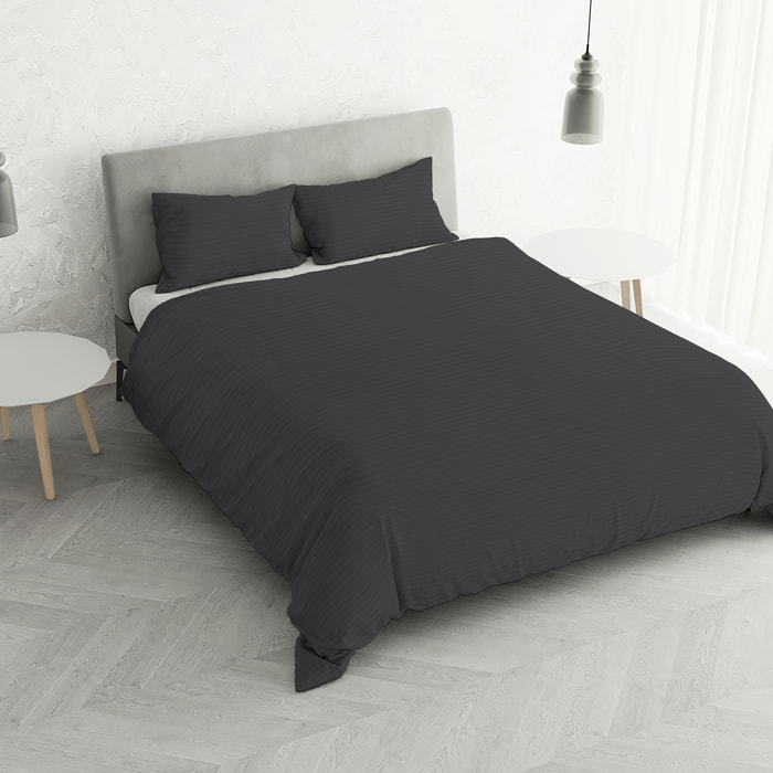 PARURE COPRIPIUMINO SATIN STRIPES, 100% Raso di Poliestere, Made in Italy, No Stiro - NERO