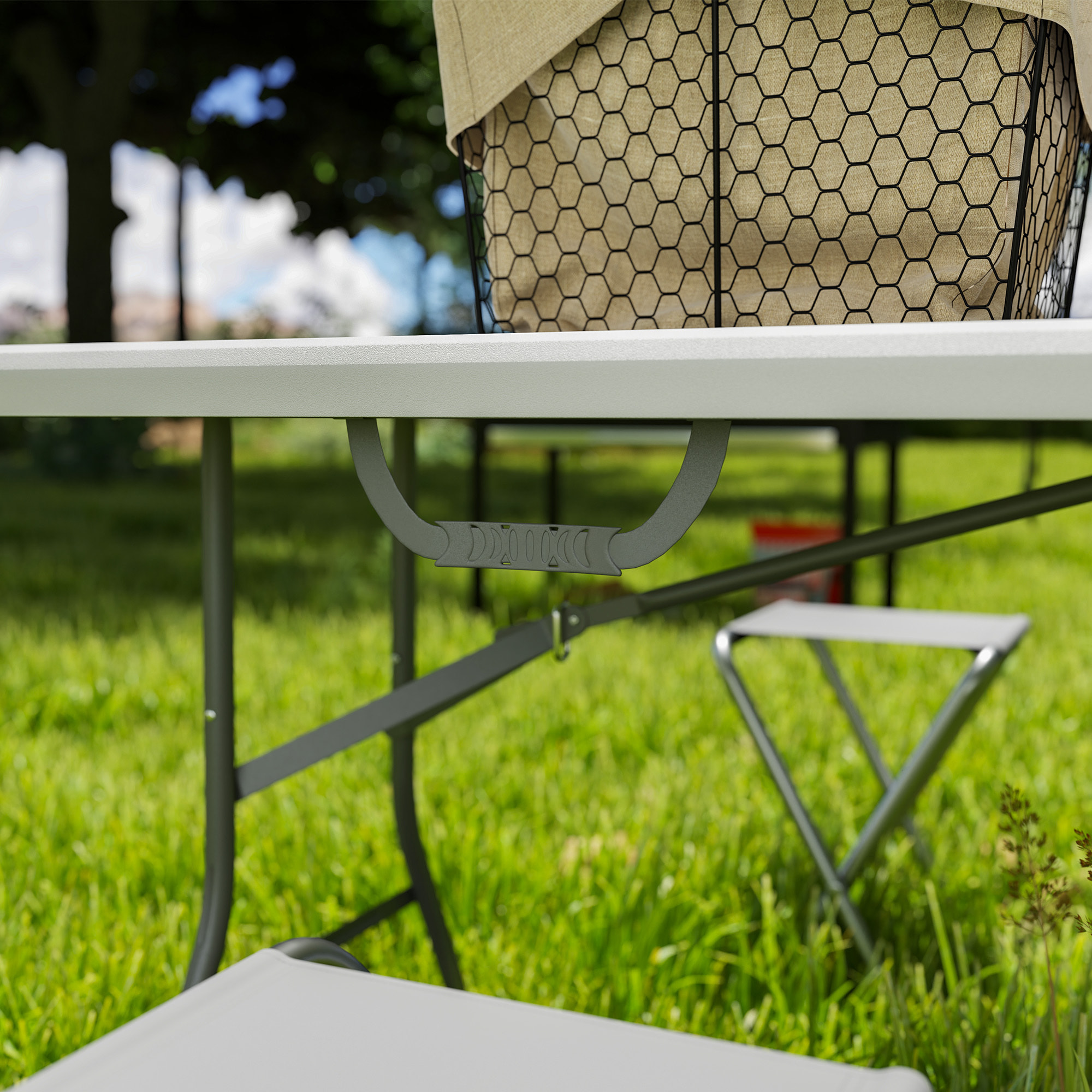 Table pliante de camping jardin dim. 180 x 74 x 74 cm avec poignée métal époxy gris HDPE blanc