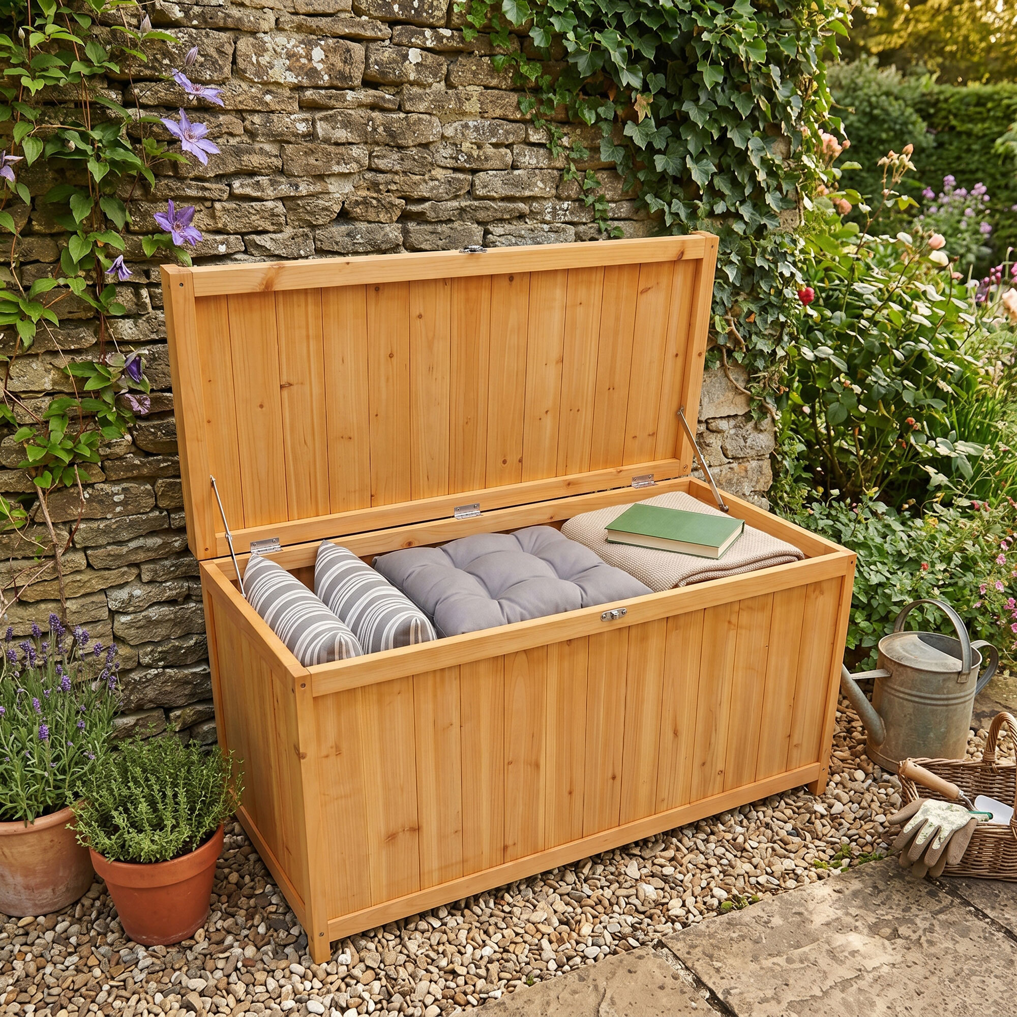 Cubo - Baule Contenitore da Esterno 113x60x53 cm in Legno di Abete con Chiusura a Lucchetto