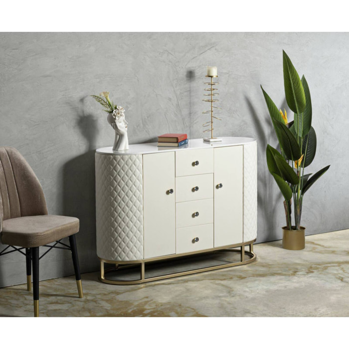 Credenza Grotte, Buffet da soggiorno, Madia da salotto, Dispensa da cucina, 120x40 h85 cm, Bianco e Oro