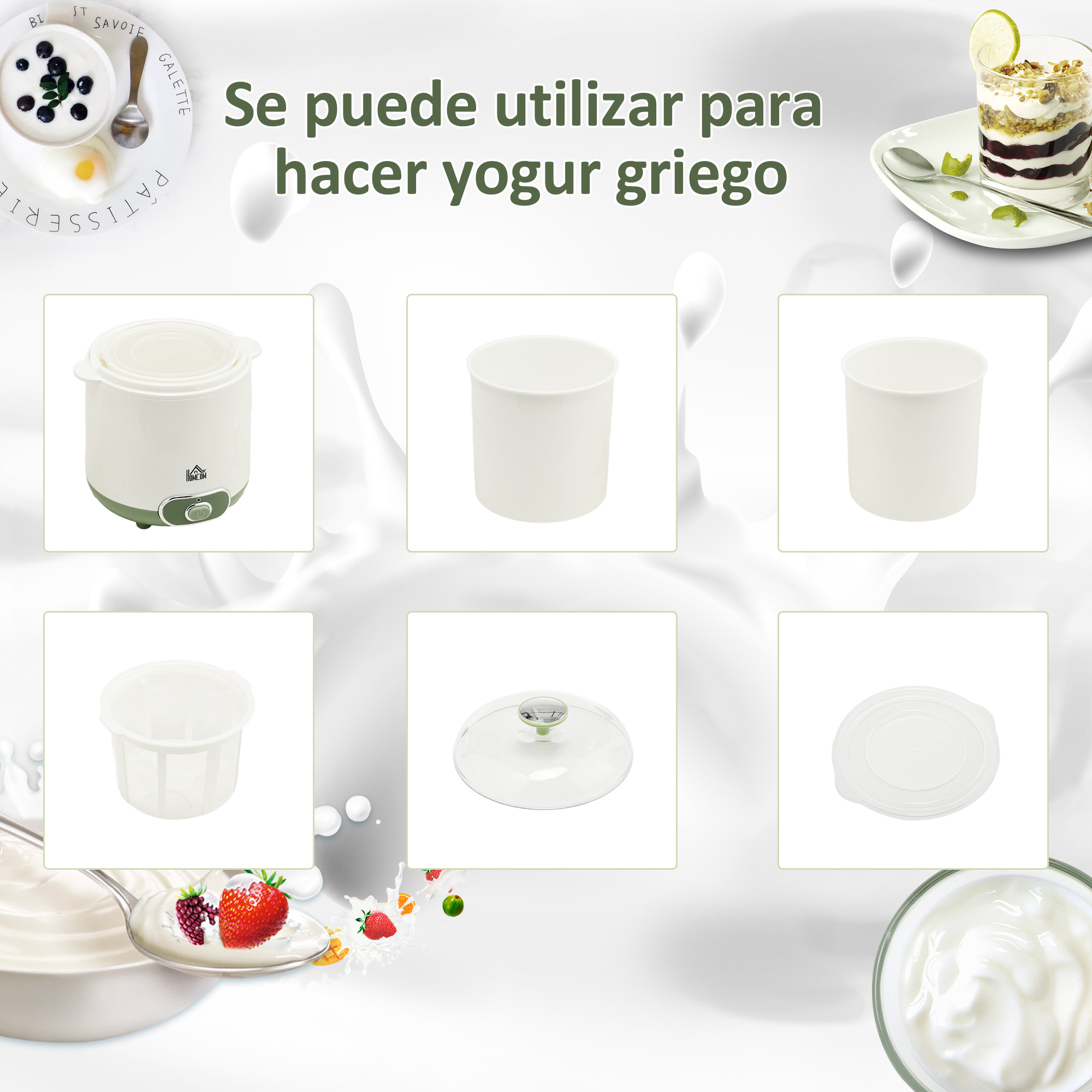 Yogurtera 20 W 1,5L Máquina de Yogur para Hacer Yogur Griego con Filtro Indicador de Encendido y Calentamiento a Temperatura Constante PTC 19,5x17,5x21,4 cm Blanco