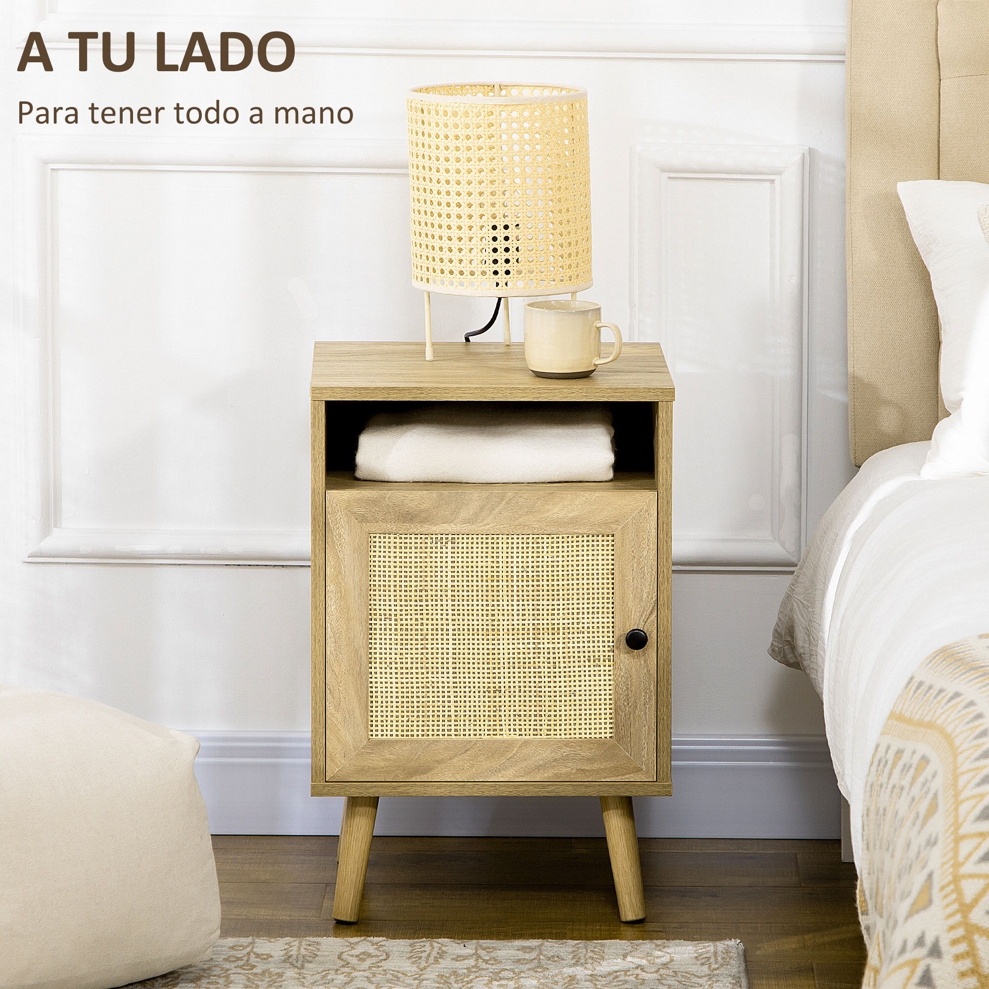 Mesita de Noche Mesilla de Noche con Puerta de Ratán y Compartimiento Abierto Mesa Auxiliar para Dormitorio Salón Cama 39x35x60 cm Natural