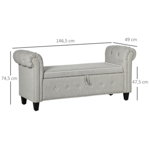 Banco de Almacenamiento Taburete de Almacenaje de Lino con Tapa de Bisagras Patas de Madera y Reposabrazos Enrollados para Dormitorio Salón Pasillo Carga 150 kg 146,5x49x74,5 cm Gris Claro