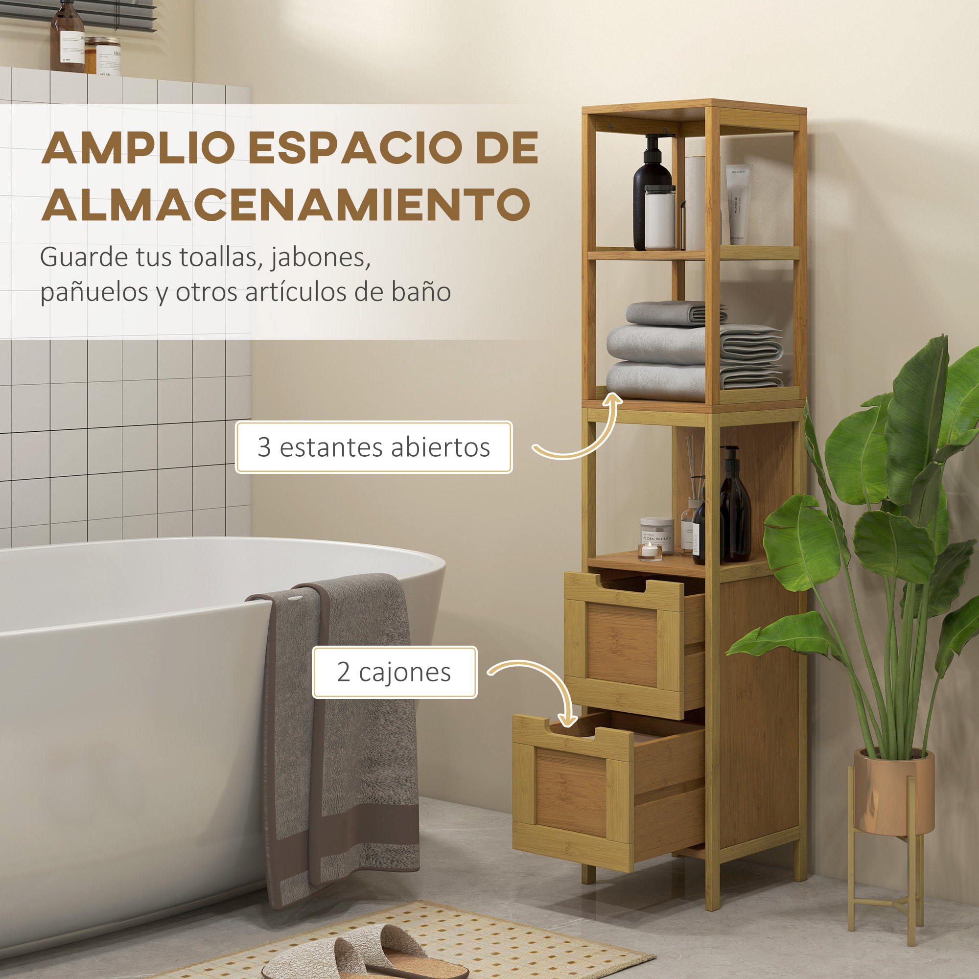 Armario de Baño Alto, Columna de Baño Estrecha con 3 Estantes y 2 Cajones de Bambú, Estilo Moderno, 30x30x144,3 cm, Natural