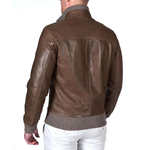 Giubbotto bomber in pelle vintage color fango collo alto lana