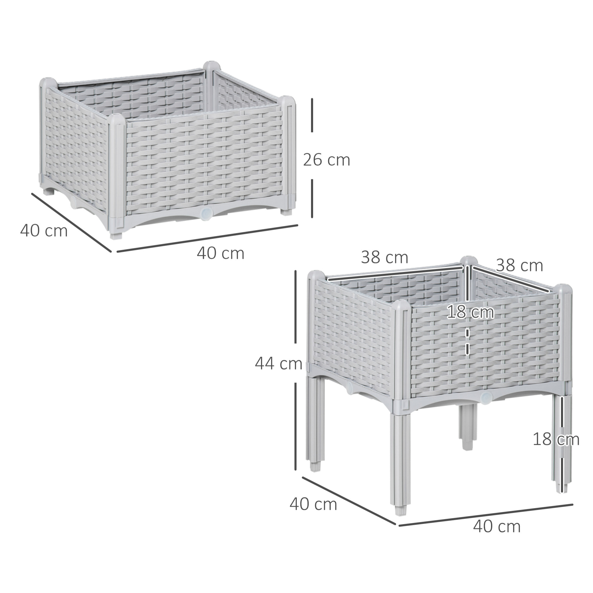 Juego de 2 Jardineras de Exterior Jardineras Cuadradas Imitación a Mimbre Combinación Libre Maceteros para Jardín Patio 40x40x26/44 cm Gris