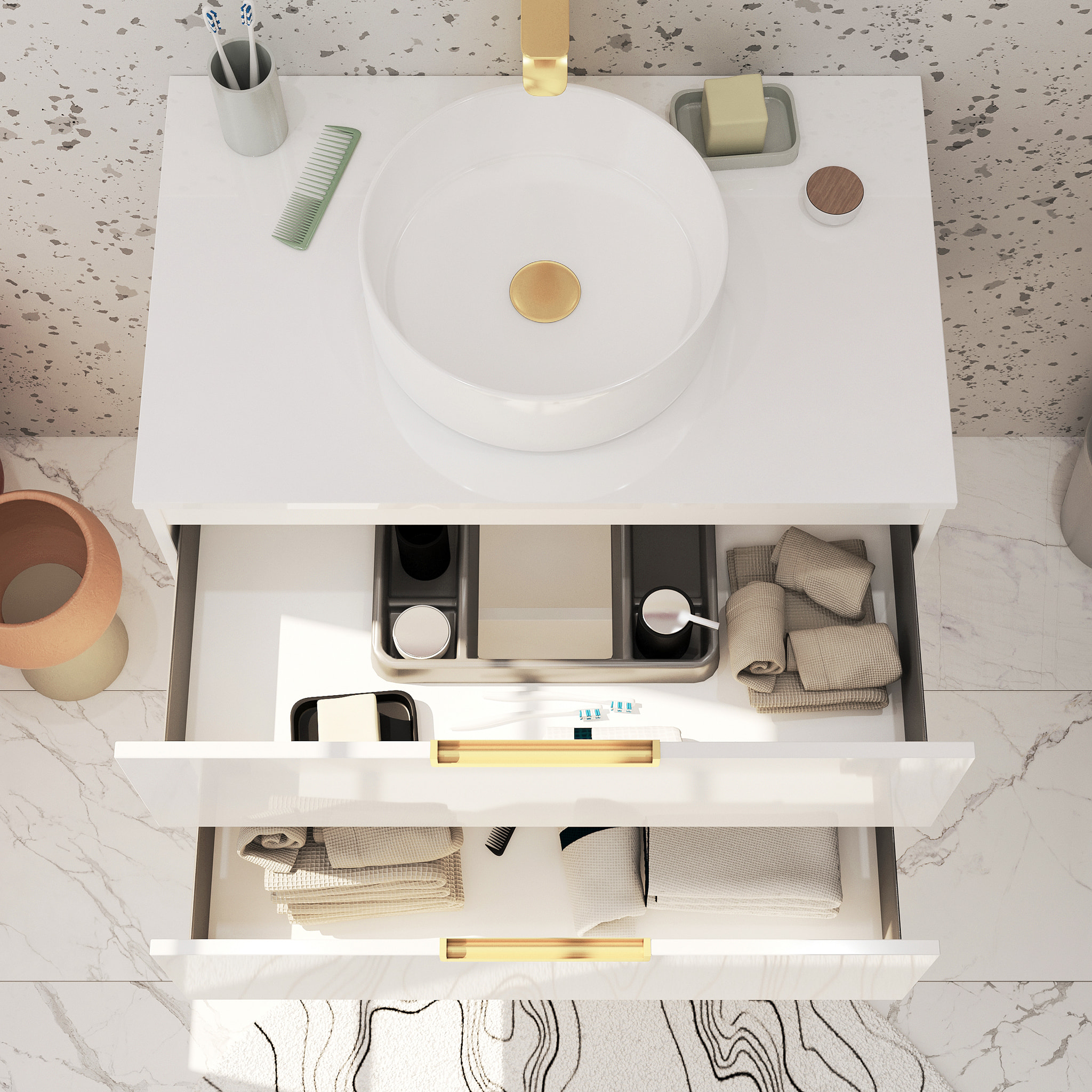 Meuble Salle de Bains 80cm Laqué Blanc et Or Doré 2 Tiroirs - Vasque Blanche - Miroir & Applique Led