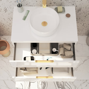 Meuble Salle de Bains 80cm Laqué Blanc et Or Doré 2 Tiroirs - Vasque Blanche - Miroir & Applique Led