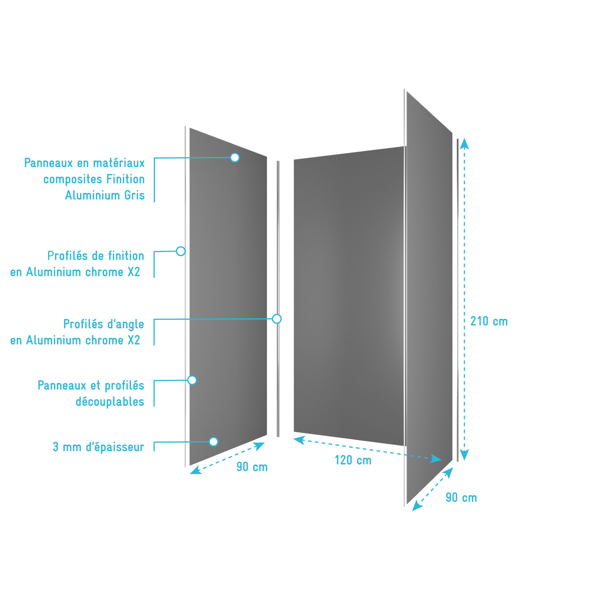 Pack de 3 Panneaux Muraux Aluminium GRIS 90/120/90x210 cm avec Profilés ANODISE BRILLANT - WALL'IT