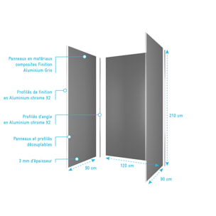 Pack de 3 Panneaux Muraux Aluminium GRIS 90/120/90x210 cm avec Profilés ANODISE BRILLANT - WALL'IT