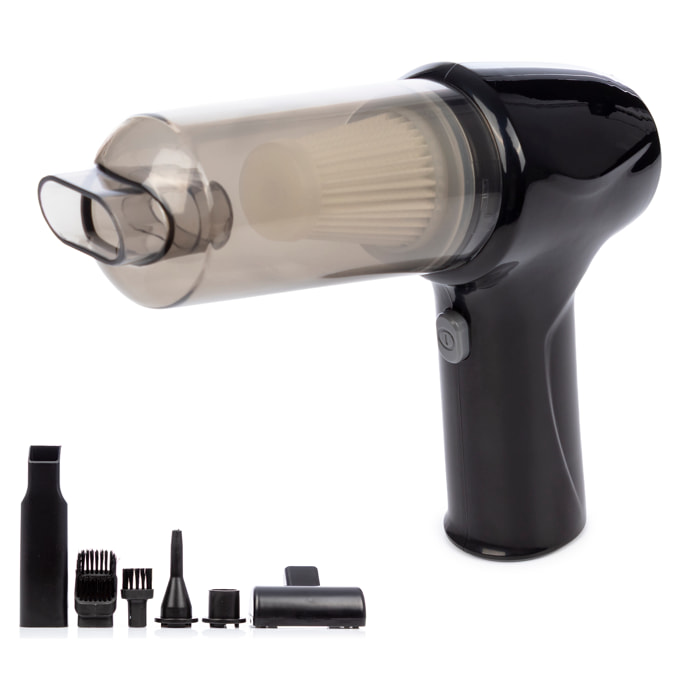 Aspirapolvere e soffiatori a mano con batteria ricaricabile e 6 ugelli.