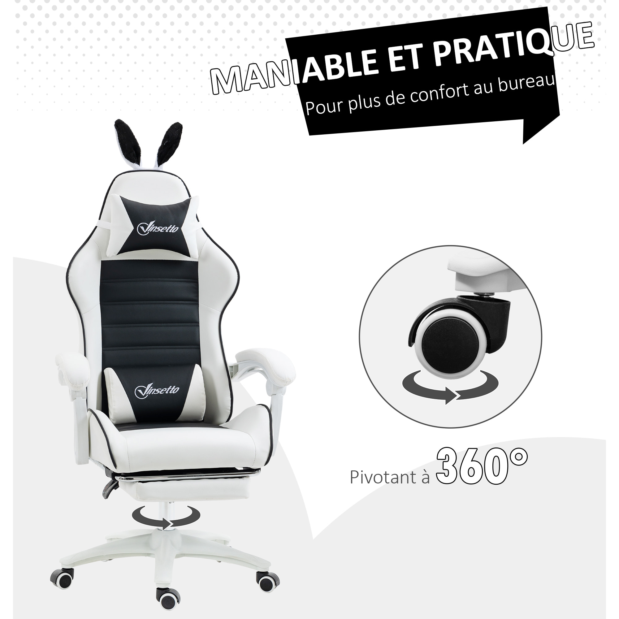 Chaise gaming fauteuil gamer inclinable réglable repose-pied rétractable oreilles de lapin amovibles noir blanc