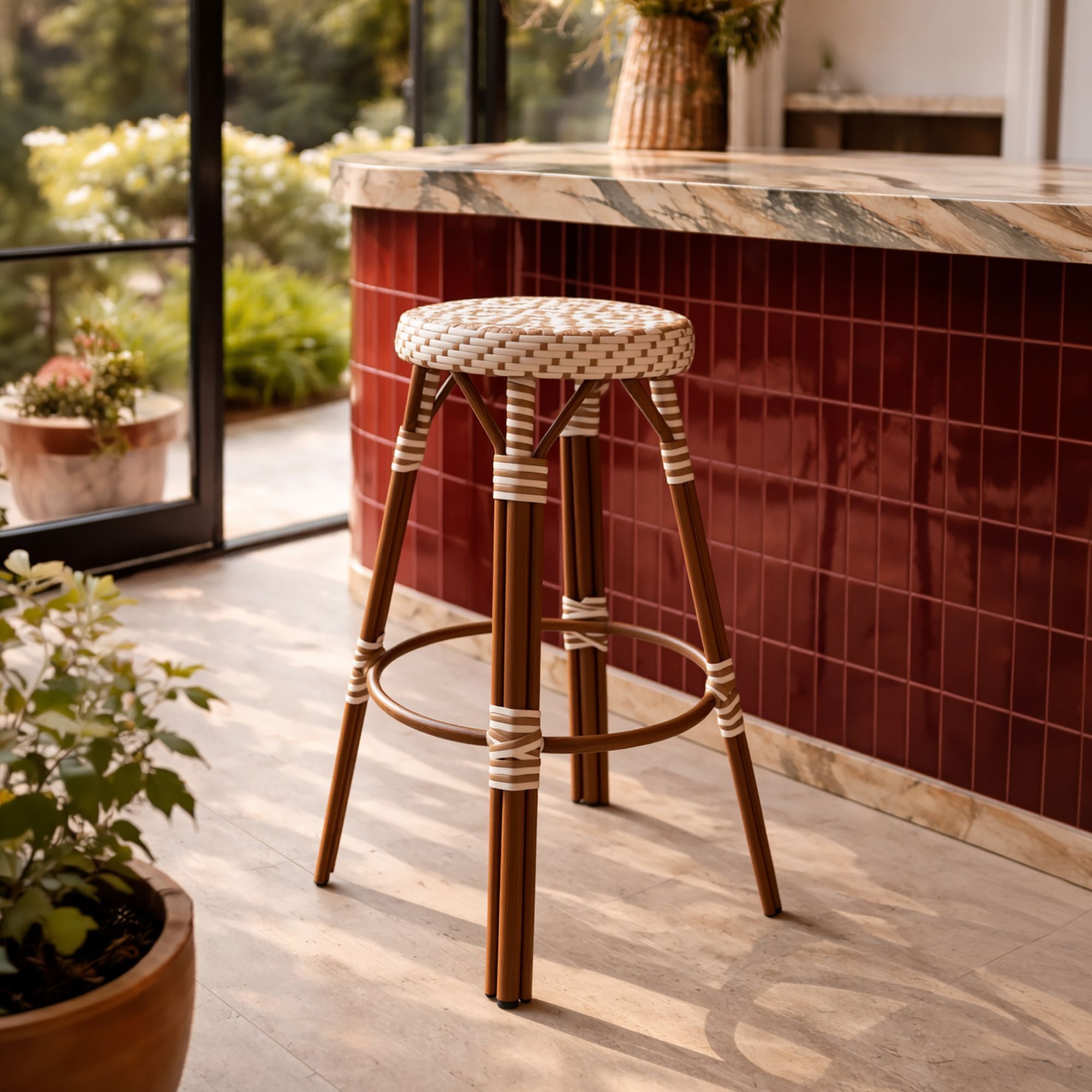 Tabouret de bar en aluminium effet rotin noisette SCALA