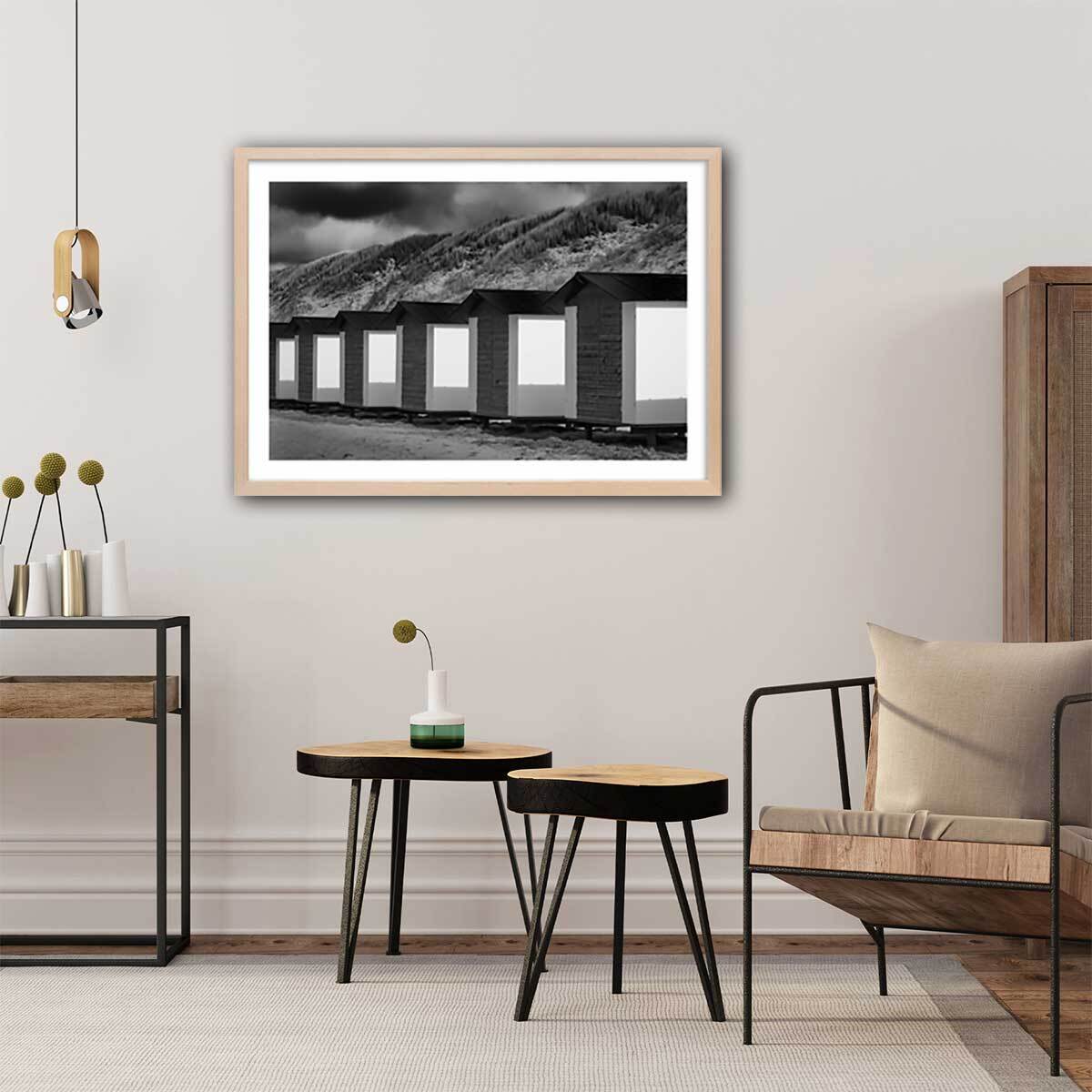 Poster cabanes de plage Affiche + cadre en bois - Chêne