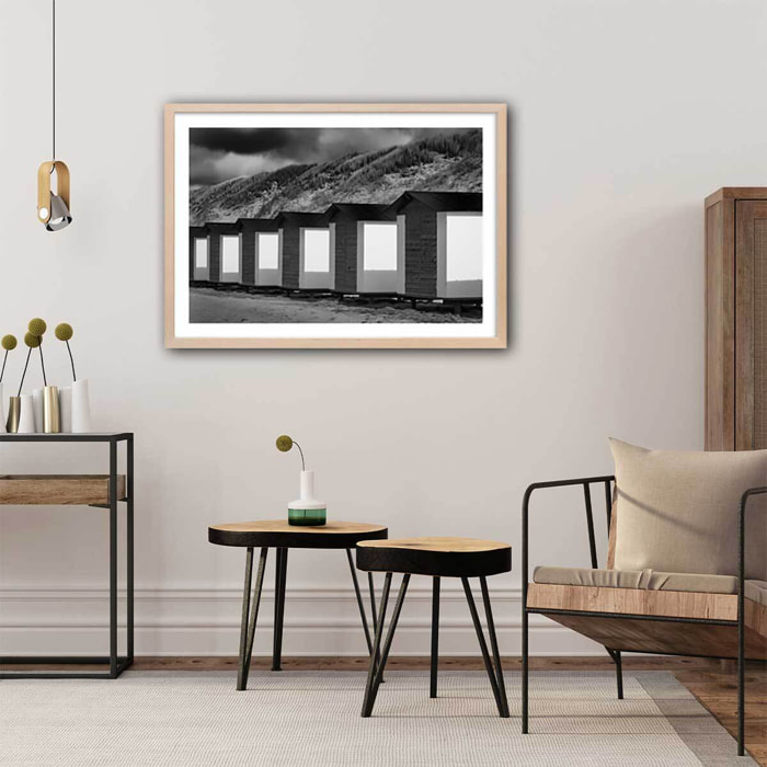 Poster cabanes de plage Affiche + cadre en bois - Chêne