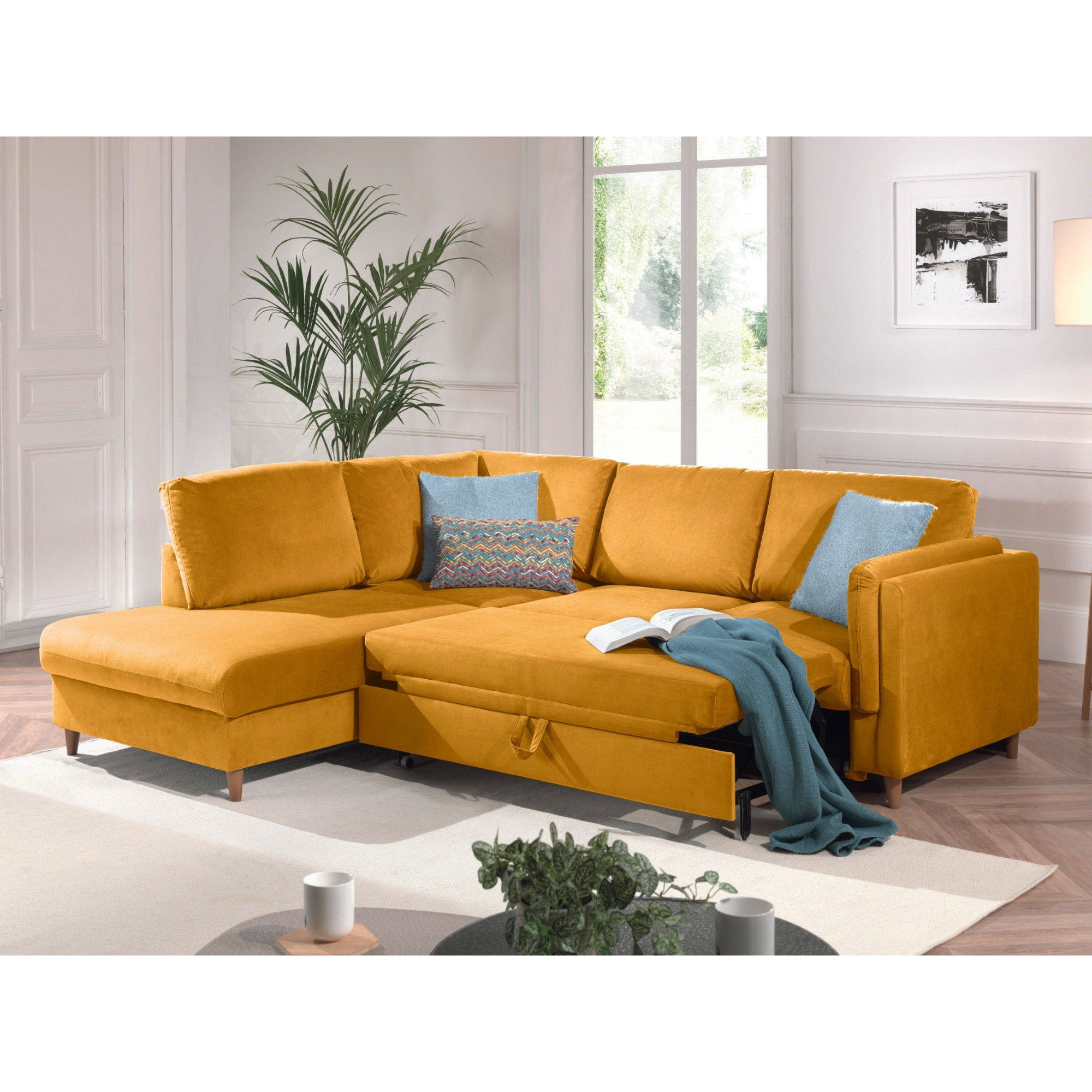 Brooke - canapé d'angle gauche - convertible - 5 places - en velours - Jaune