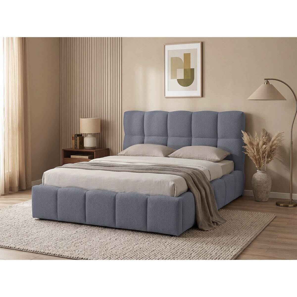 Lit double en tissu avec coffre "Davos" - 160 x 200 cm - Gris