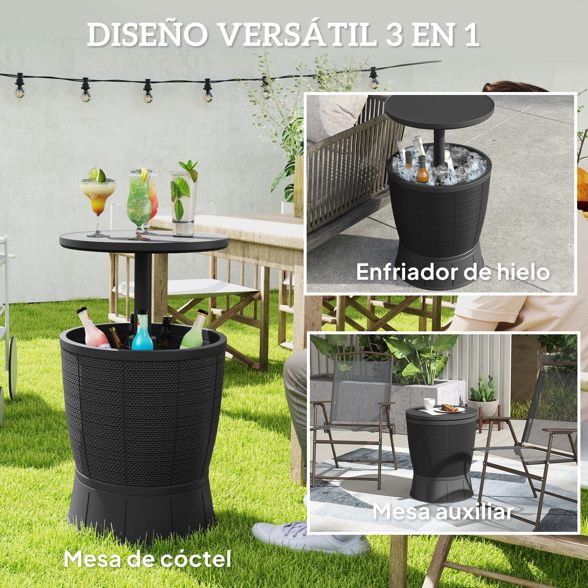 Mesa Nevera para Exterior, 41 L, 3 en 1, Cool Bar, Mesa Auxiliar, Altura Ajustable 58-84 cm, con Cubo de Hielo, Tapa Superior Elevable, para Fiesta, Piscina, Jardín, Patio, Negro