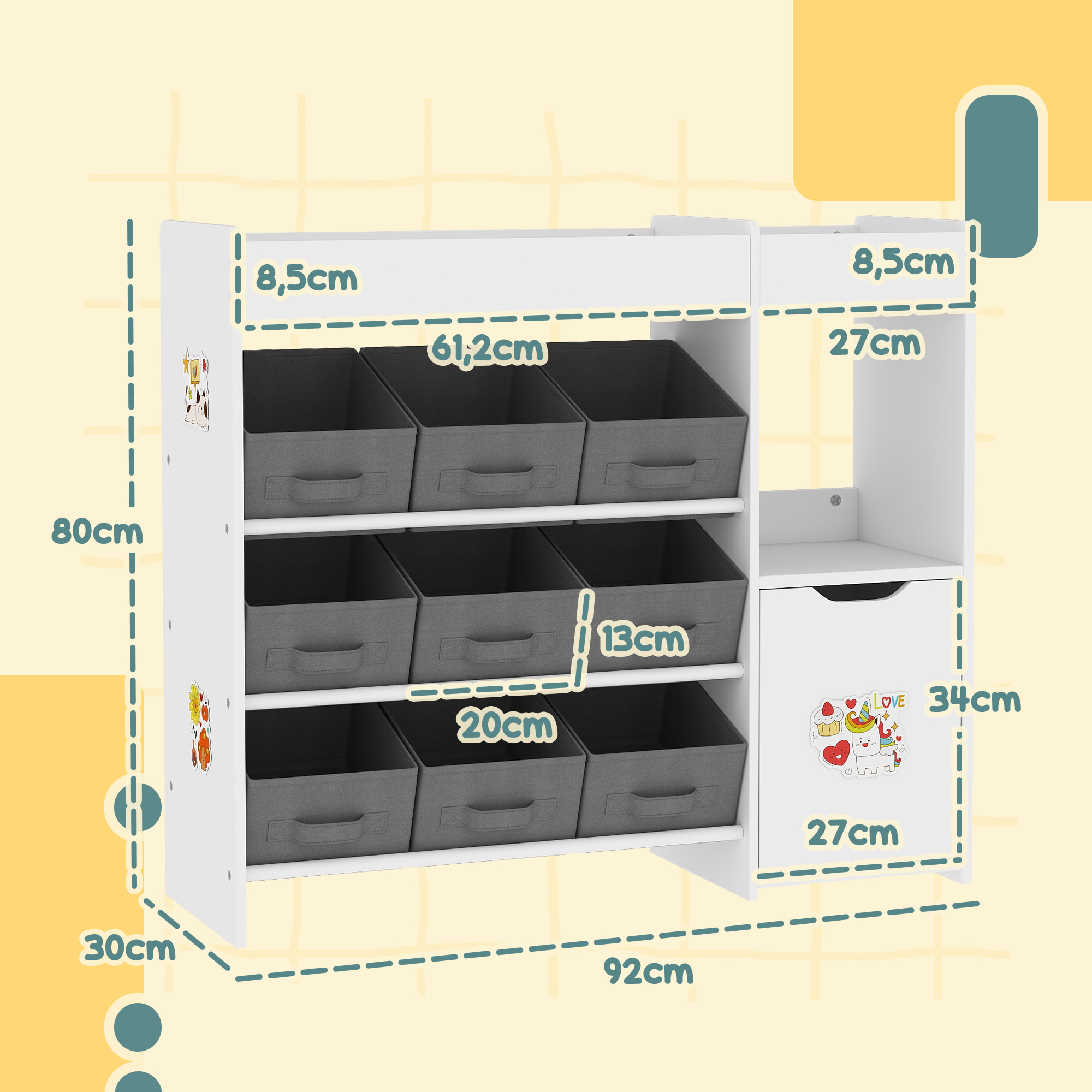 Etagère de rangement enfant pour jouets et livres - 9 boîtes amovibles tissu non-tissé gris - porte, niche, 2 compartiments