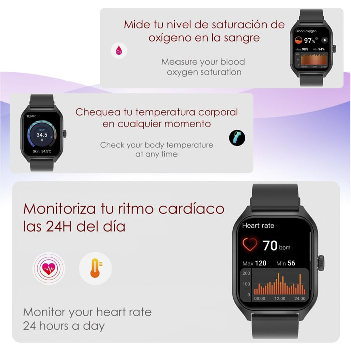 DAM Smartwatch Qx5 con pantalla de 1,96 pulgadas. Llamadas Bluetooth, más de 100 modos deportivos, monitor de glucosa y de tensión.