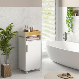 Armario de Baño Moderno Columna Auxiliar de Baño Mueble de Suelo de Baño con Estantes Ajustables Armario Bandeja Extraíble y Ruedas 40x30x88 cm Blanco y Roble