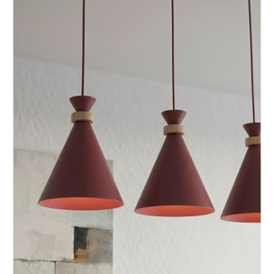 Lampada a sospensione Zero in acciaio bordeaux e legno