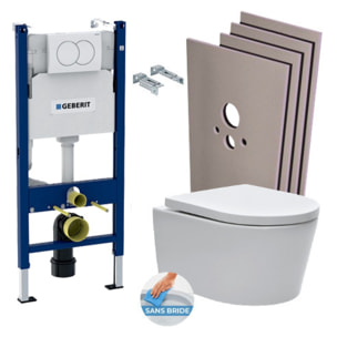 Pack WC sans bride SAT, fixations invisibles + Abattant softclose + Bâti support Geberit UP100 + Plaque blanche + Set Habillage