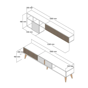 Parete attrezzata Dmalavas, Composizione soggiorno, Mobile salotto multiuso, Armadio porta TV, 180x35h40 cm, Noce e Bianco