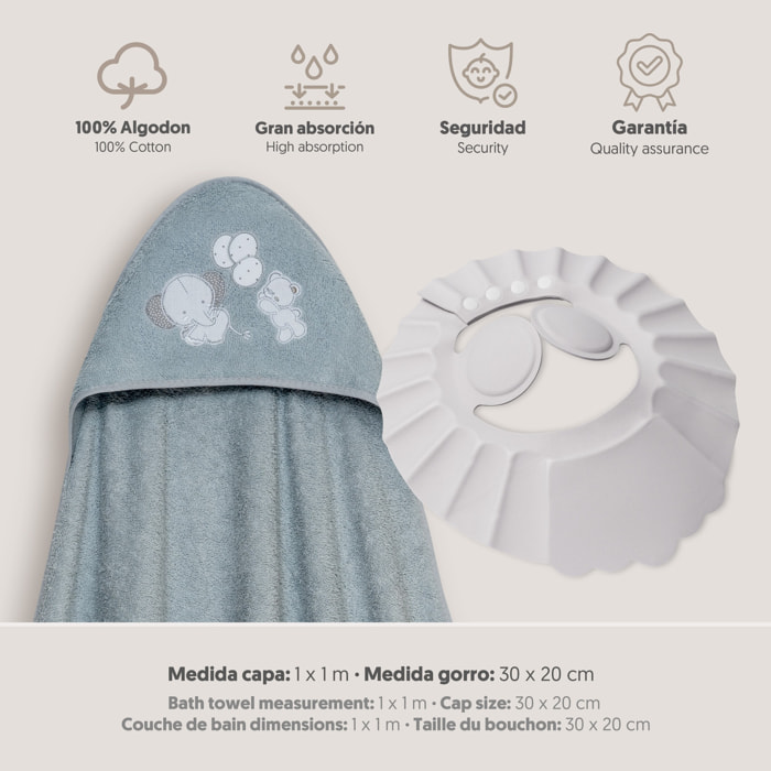 Capa Baño 1X1 Mod Oso Elefante Globos+Gorro Gris