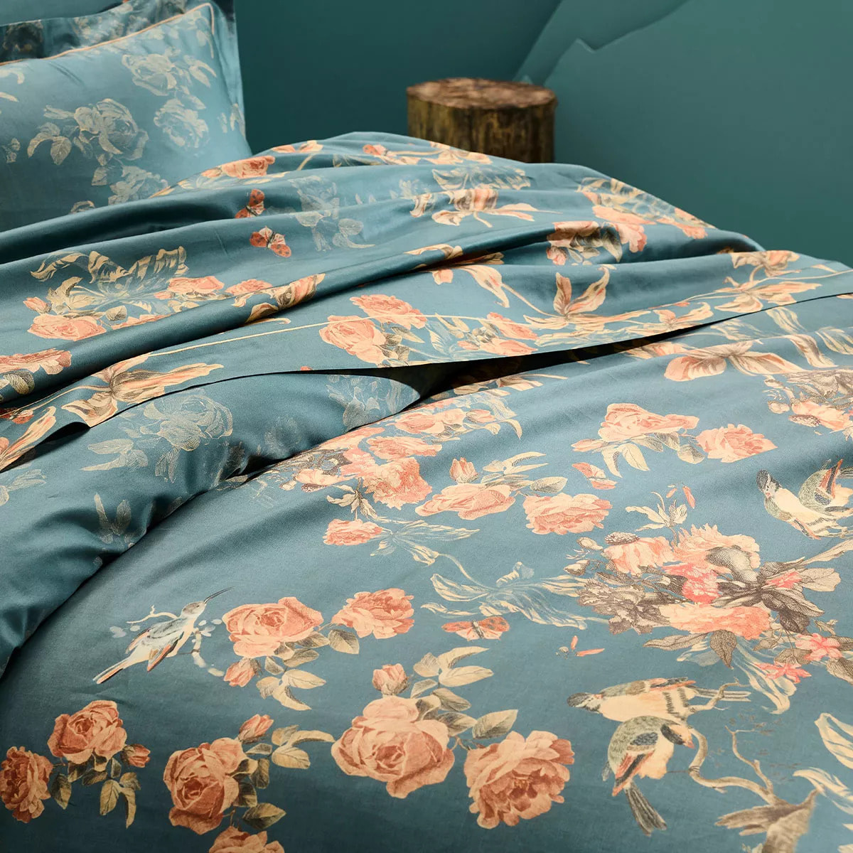 Drap plat satin de coton 115 g/m² imprimé vert orange Roses d'automne vert anglais
