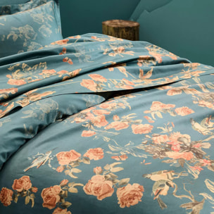 Drap plat satin de coton 115 g/m² imprimé vert orange Roses d'automne vert anglais