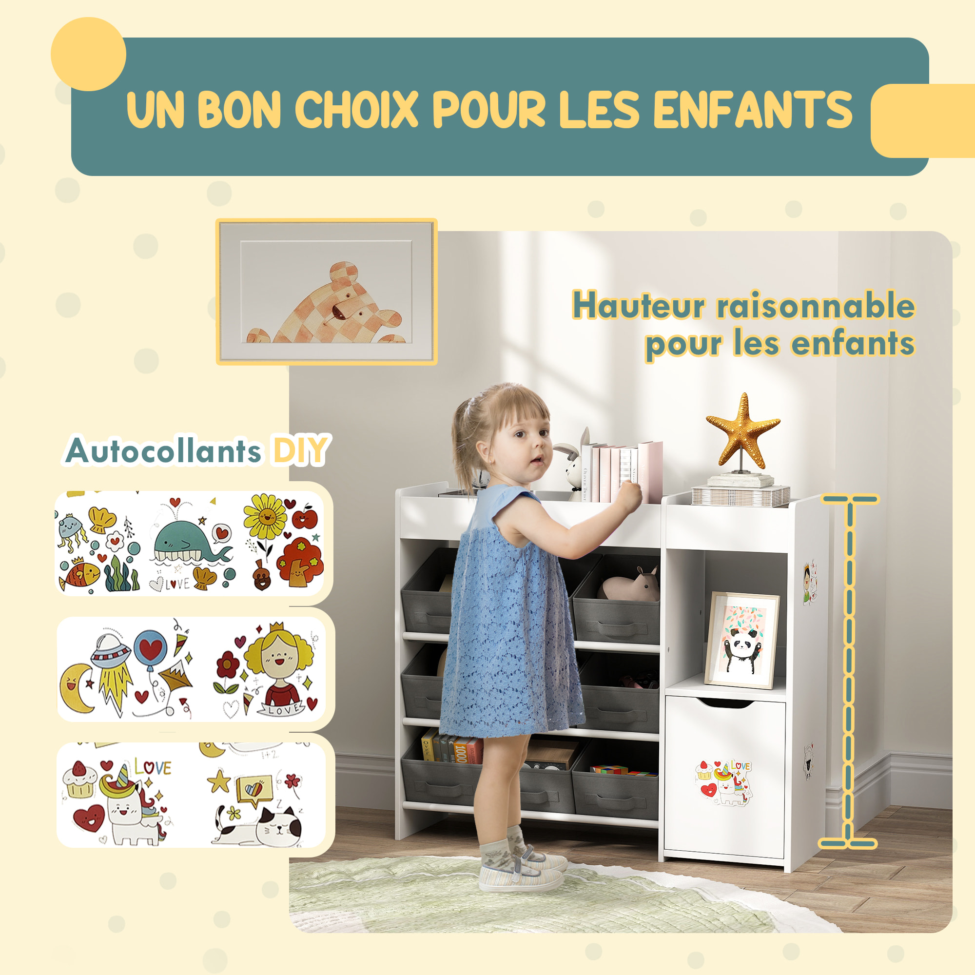 Etagère de rangement enfant pour jouets et livres - 9 boîtes amovibles tissu non-tissé gris - porte, niche, 2 compartiments