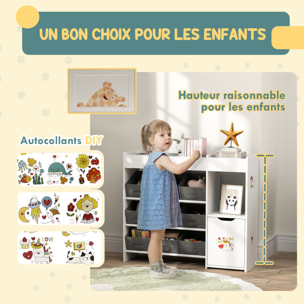 Etagère de rangement enfant pour jouets et livres - 9 boîtes amovibles tissu non-tissé gris - porte, niche, 2 compartiments