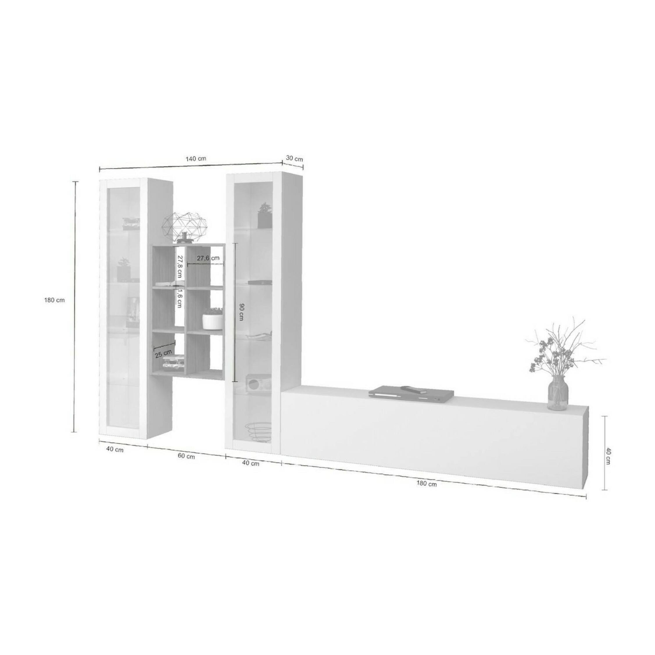 Parete attrezzata Eros, Set salotto porta TV a 3 ante, Mobile soggiorno multiuso con vetrina e luce LED, 100% Made in Italy, cm 320x30h180, Bianco lucido