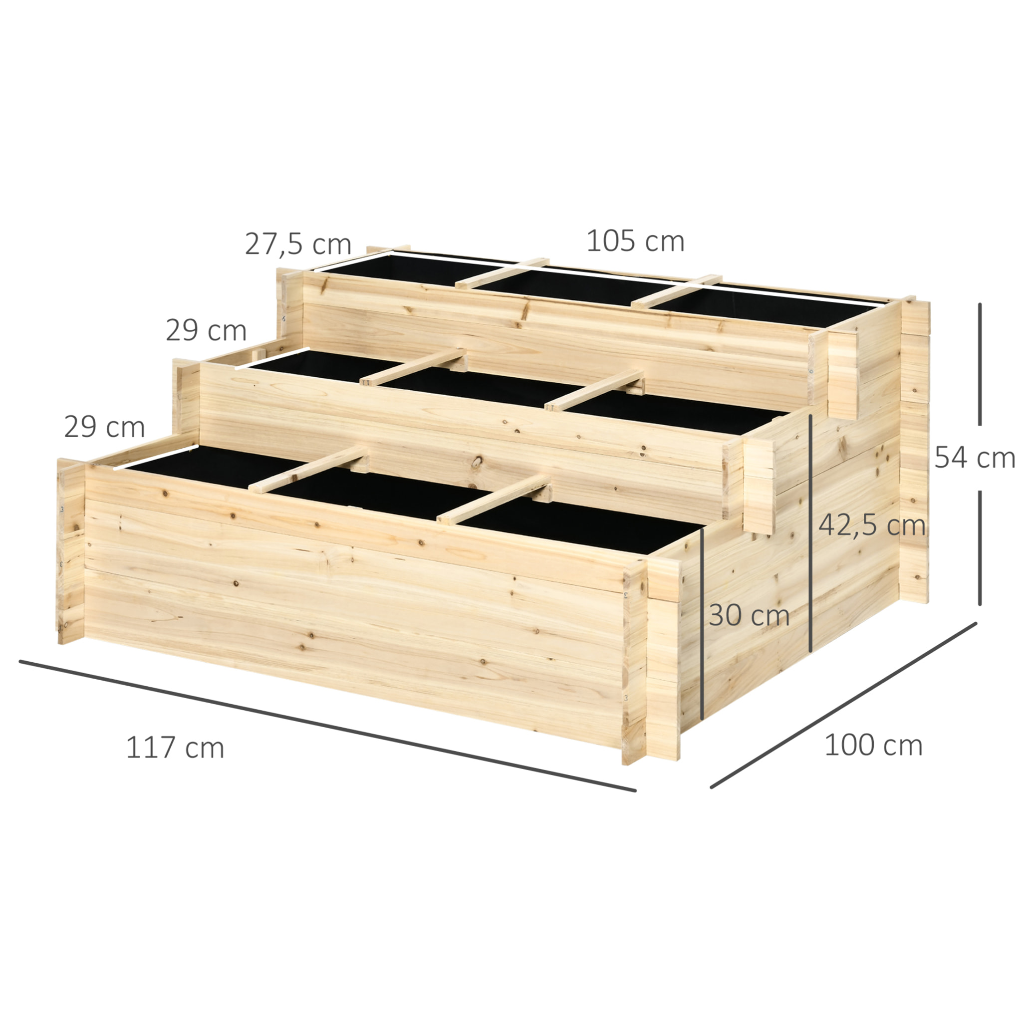 Jardinera de Madera de 3 Niveles Escaleras de Huerto Urbano con Tela Geotextil para Cultivos Plantas Flores para Jardín Terraza Exterior 117x100x54 cm Natural