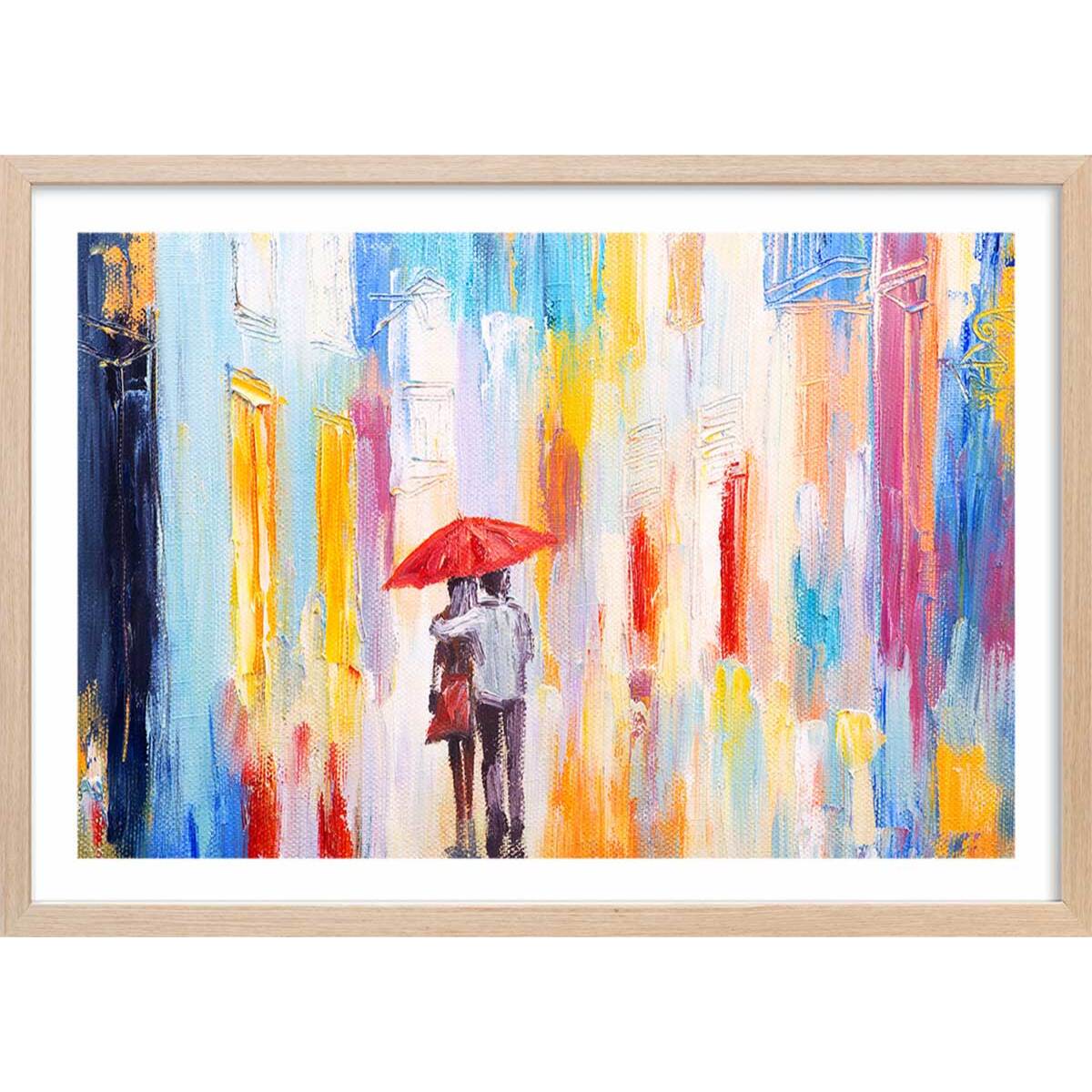 Affiche parapluie rouge Affiche + cadre en bois - Chêne