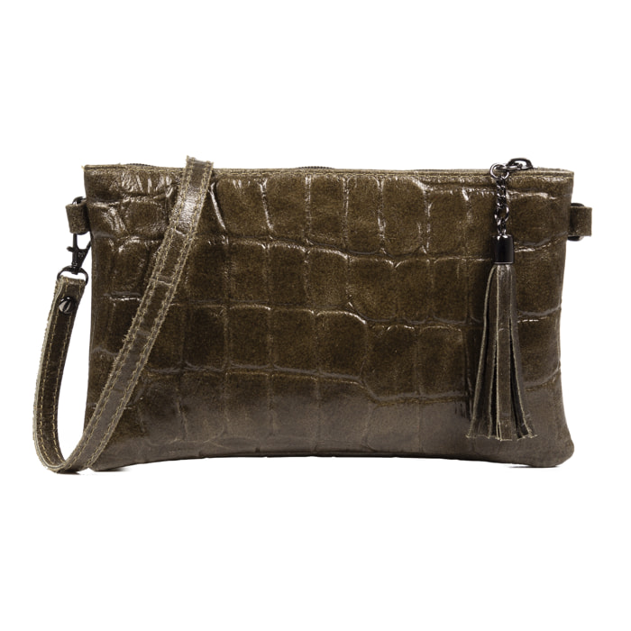 FIRENZE ARTEGIANI Borsa a Spalla da Donna Oleggio. Vera Pelle Scamosciata Incisione Coccodrillo Grande Made in Italy 23x4x15 Cm. Colore: verde scuro