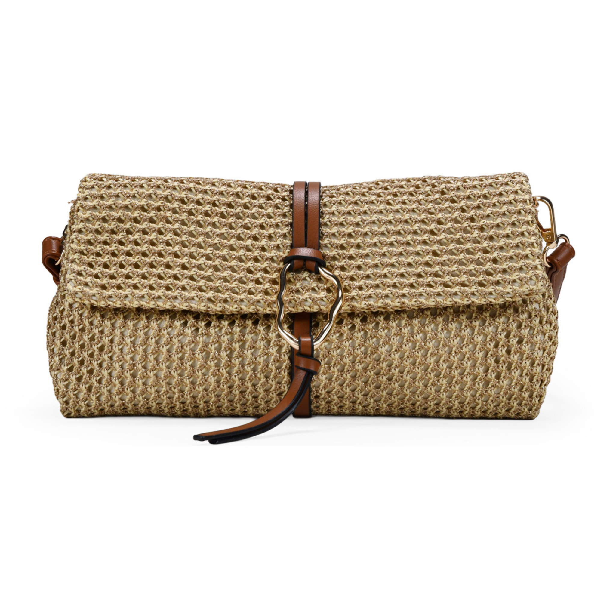 Bolso bandolera dorado con malla de rafia