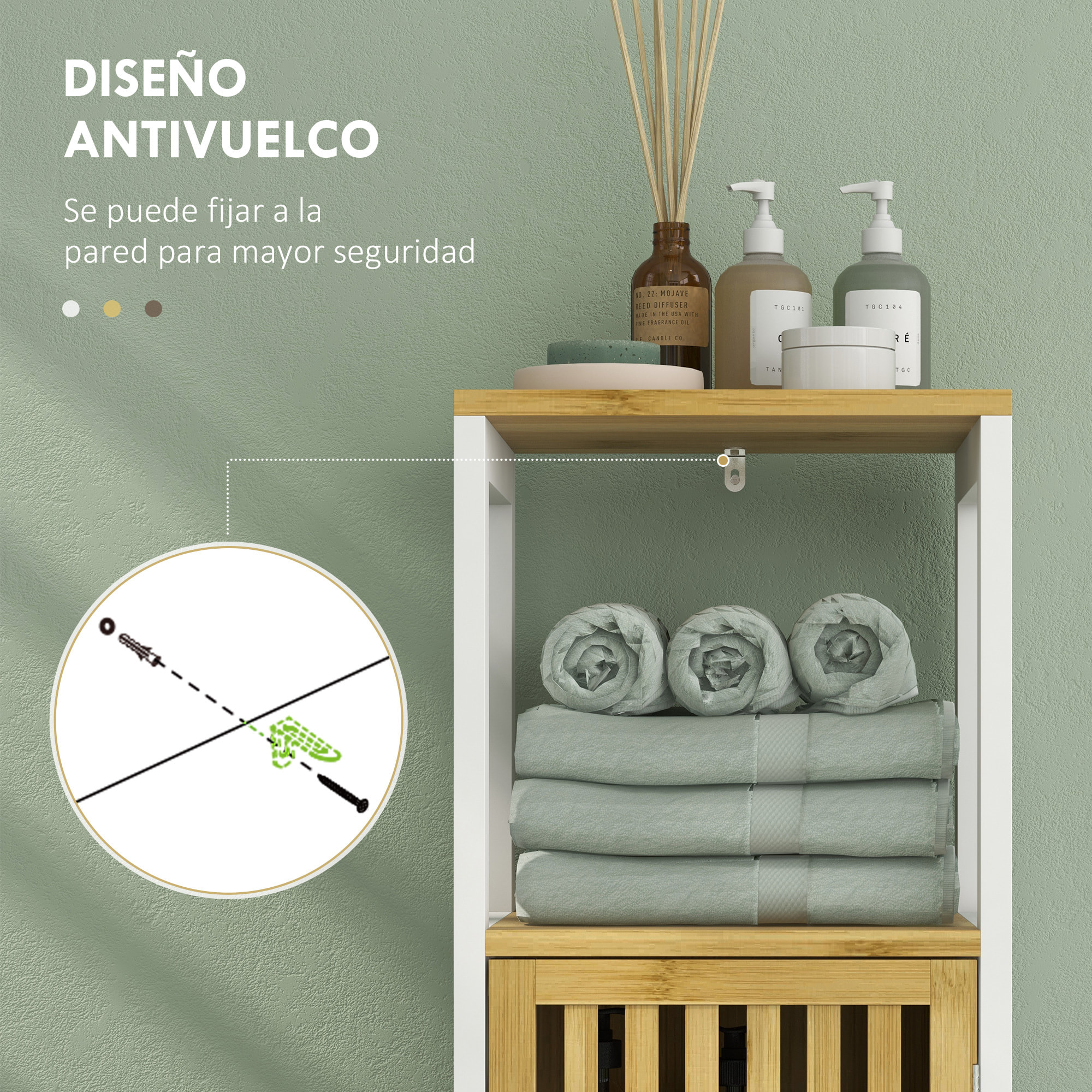 Armario Alto de Baño Columna de Baño Mueble Auxiliar de Baño con 1 Estante Abierto 1 Puerta y 1 Estante Ajustable 32x30x90,5 cm Natural y Blanco