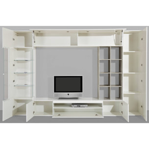 Parete attrezzata da soggiorno, Made in Italy, con luce LED blu, Base porta TV e pensili e scaffali, Set salotto moderno, cm 290x40h192, colore Bianco lucido e Cemento