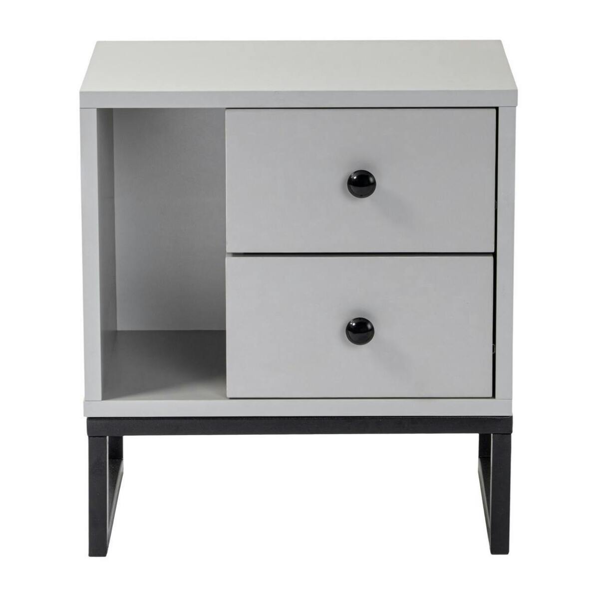 Table de nuit 2 tiroirs, 1 niche - gris effet laque JENA