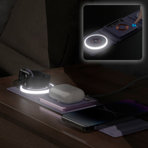 DAM Base de carga plegable portátil Magsafe 15W + Qi + Apple Watch. Luz led de noche. 31,8x8,3x0,9 Cm. Color: Negro