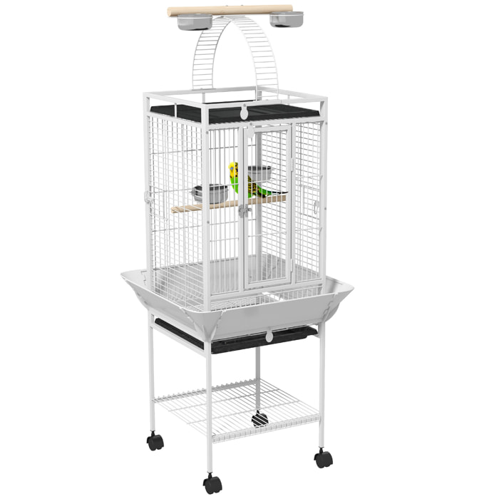 Jaula para Pájaros Jaula para Loros con Ruedas Perchas Comederos Estante Puente Arqueado y Bandejas Extraíbles Pajarera para Cacatúas Cotorras 62,5x62,5x156 cm Blanco