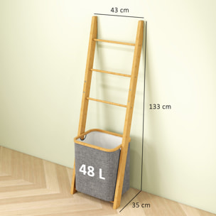 Porte-serviettes bambou avec panier à linge, échelle porte-serviettes avec 1 panier à linge, pour salon, chambre à coucher, buanderie, 43 x 35 x 133 cm, gris